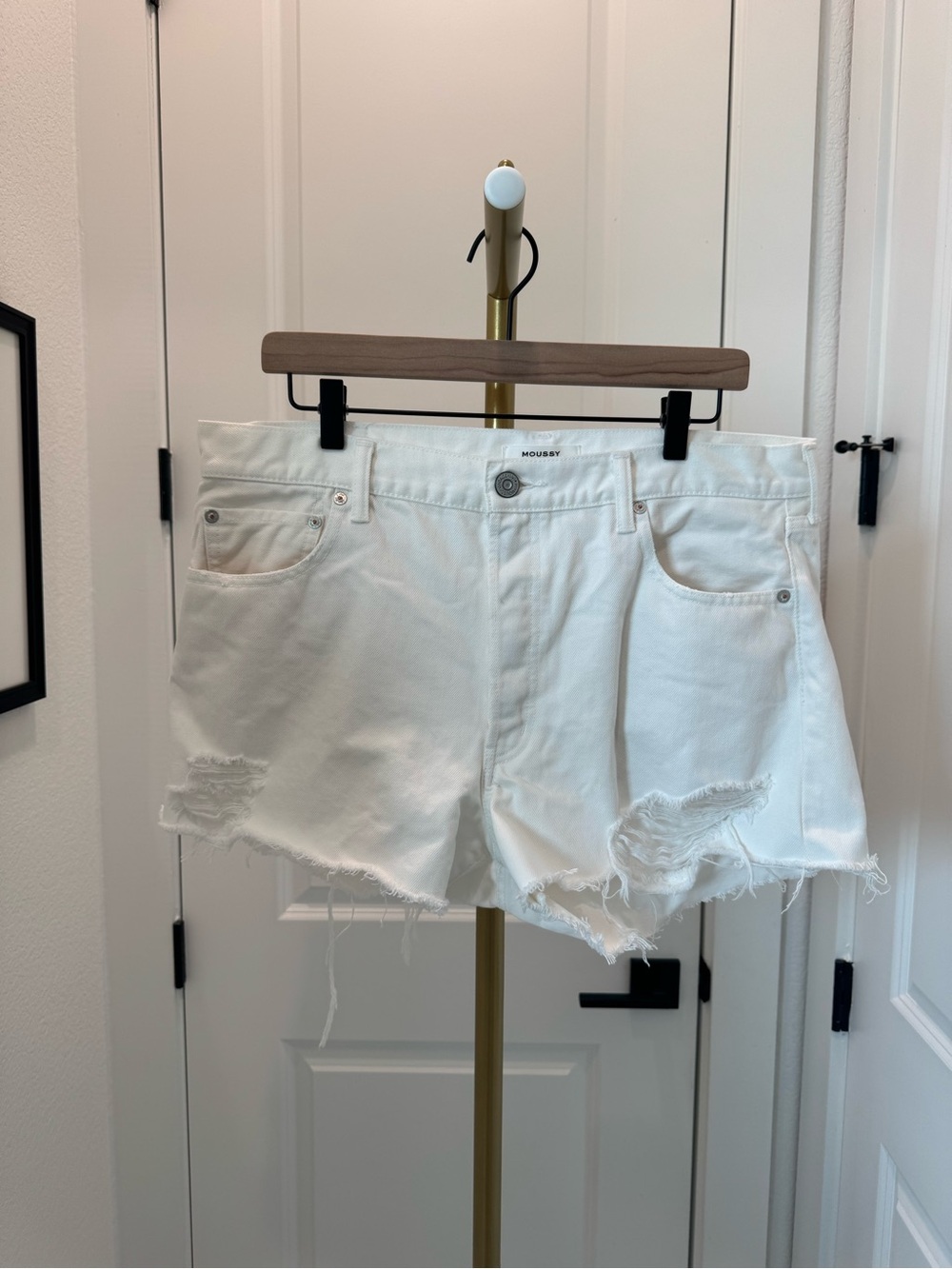 Moussy White Distressed Cutoff Denim Shorts